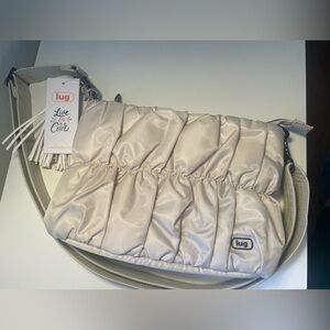 Lug Flounce Ruched Crossbody Bag Pebble Soft Ivory Light Beige charging cable